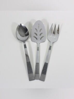 Mid Century Modern Stainless Serving Set Spoon, Fork, Lifter, Set of Three Aztec